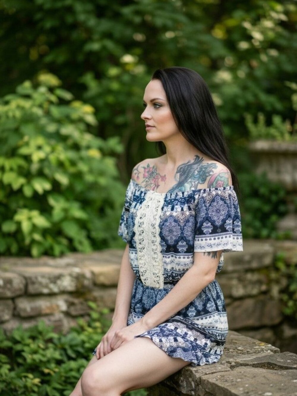 J For Justify ✦ Blue White Off‑Shoulder Boho Romper ✦ Crochet Lace Detail M - Picture 4 of 10